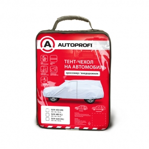 Тент-чехол на автомобиль AUTOPROFI, кроссовер (джип), водонепроницаемый, двойные швы, два вентиляционных окна, молния для двери водителя, 2 ремня для фиксации тента, 450х185х145 см. разм. М
