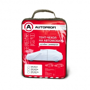 Тент-чехол на автомобиль AUTOPROFI, хетчбек, водонепроницаемый, двойные швы, два вентиляционных окна, молния для двери водителя, 2 ремня для фиксации тента, 406х165х119 см. разм.S