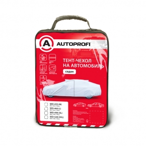 Тент-чехол на автомобиль AUTOPROFI, седан, водонепроницаемый, двойные швы, два вентиляционных окна, молния для двери водителя, 2 ремня для фиксации тента, 435х165х119 см.   разм. М